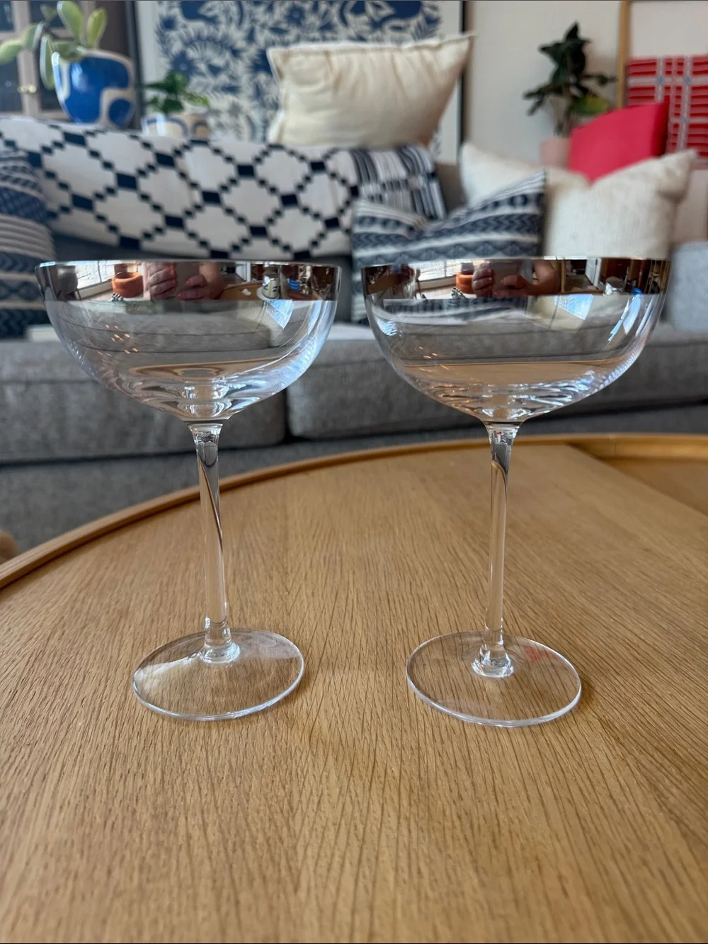 Elegant Clear Glass Coupe Champagne Glasses with Silver Rim - Set of 2